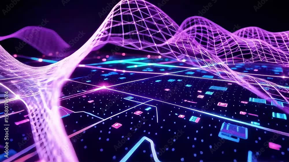 Poster abstract neon network flowing over data grid