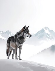 A majestic wolf stands proudly atop a snow-covered hill, its thick fur glistening in the sunlight, surrounded by a serene winter landscape.