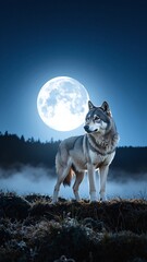 A majestic wolf stands proudly atop a lush green grass hill, illuminated by the soft glow of a full moon in a clear night sky.