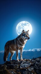 A majestic wolf stands proudly atop rugged rocks, its fur shimmering under the soft glow of a full moon, casting an ethereal light across the scene.