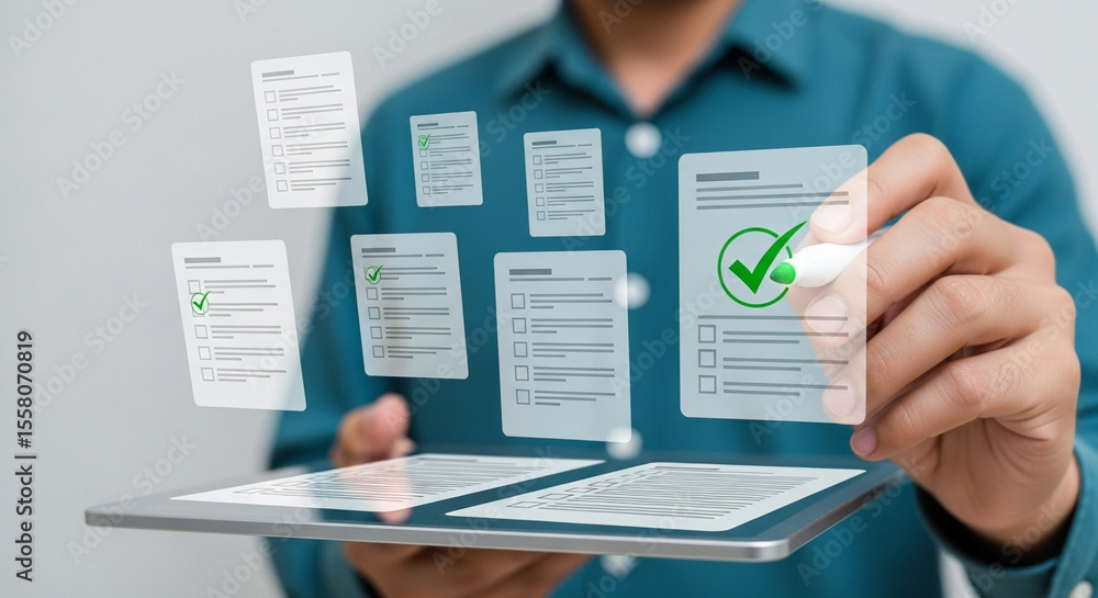 Aufkleber Person holding a tablet with floating checklist documents and green check marks above the screen
