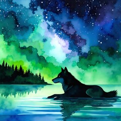 A majestic wolf gracefully swims through a serene lake, surrounded by tall trees reflecting in the water, under a starry night sky.
