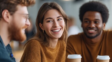 Fototapeta premium Candid coffee gathering among diverse friends in a modern 