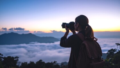 A woman stands on a grassy hill, capturing stunning cloud formations with her camera, her hair gently swaying in the breeze as she smiles.