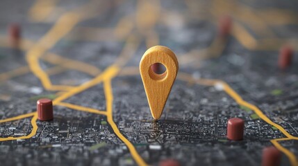 A wooden map pin on a map with yellow lines and red markers.