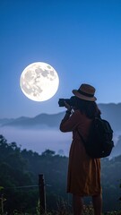 A woman stands on a serene hillside at night, capturing stunning images of the full moon with her camera, surrounded by twinkling stars.