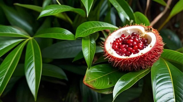 Close up of Gac fruit cut open with visible red seeds and sharp spikes, displayed with green leaves in a vibrant tropical setting.