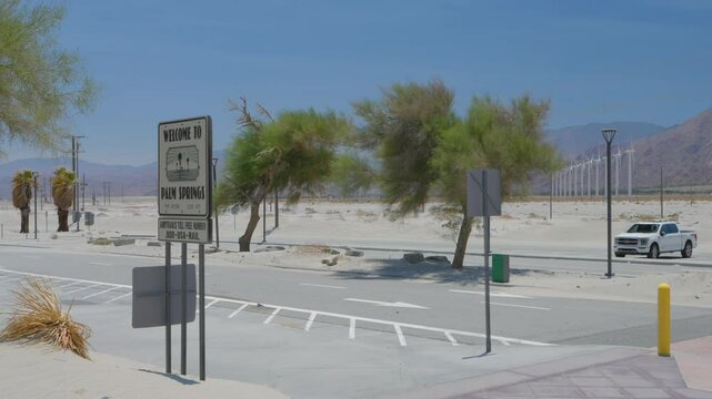 Palm Springs Train Station with piles of drifting sand