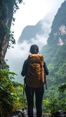 A determined woman with a vibrant backpack ascends a rugged mountain trail, surrounded by lush greenery and breathtaking panoramic views.