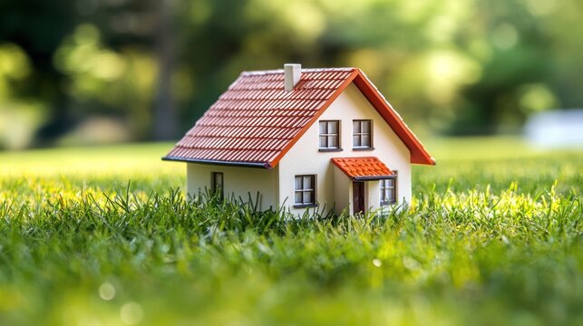 A miniature model house with a red roof and white walls, placed on a grassy lawn with a blurred background. - Powered by Adobe