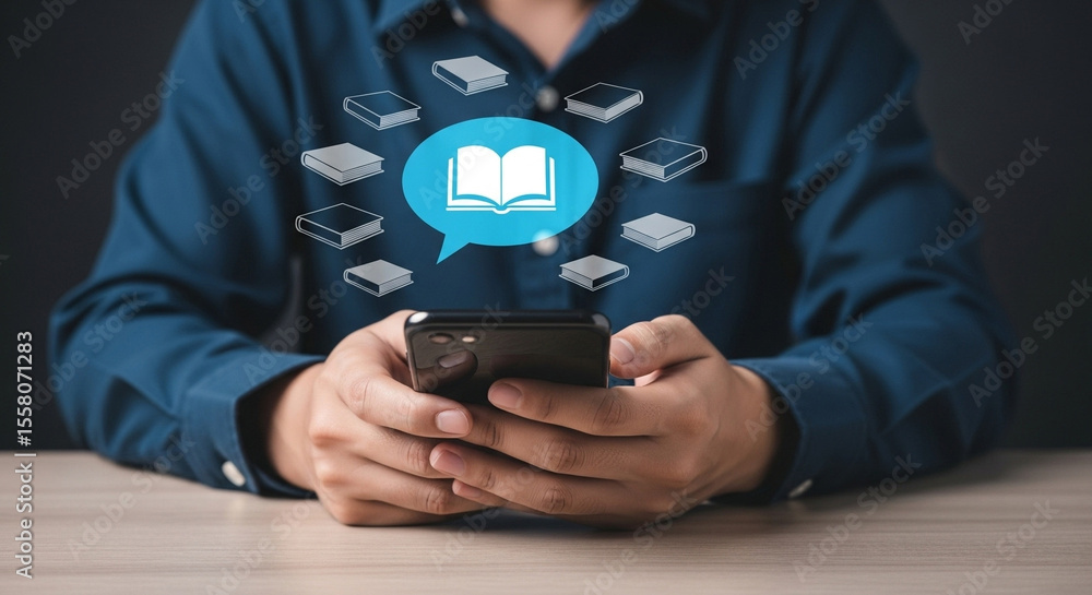 Poster person holding smartphone with book icons floating above it in a digital learning concept