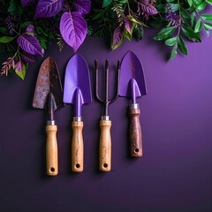 A vibrant purple wall serves as a striking backdrop, adorned with lush green leaves that cascade gracefully, creating a harmonious blend of color and nature.