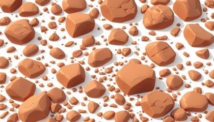 Fototapeta premium Cartoon brown rocks, boulders, gravel, and cobbles of various shapes, isolated on white Ideal for game design, animation, and illustrations, rubble, rocky