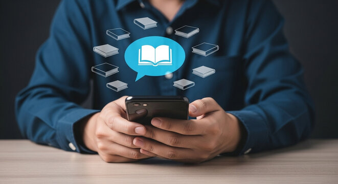 Person holding smartphone with book icons floating above it in a digital learning concept - Powered by Adobe