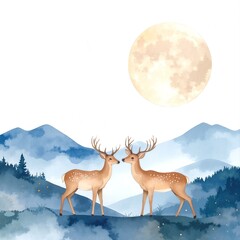 Two graceful deer stand side by side in a lush green meadow, their ears perked up, surrounded by vibrant wildflowers under a clear blue sky.
