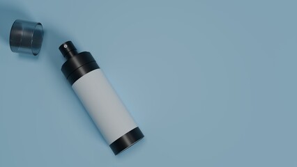 3D render of a cosmetic spray bottle with a transparent cap, set against a soft blue background. Ideal for branding, packaging, or product mockups