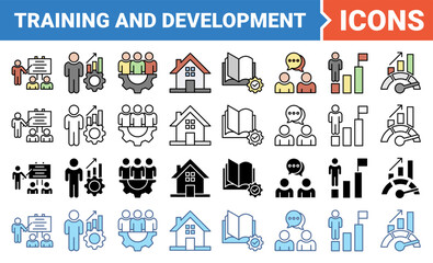 Training and development icon set with multiple style collection.