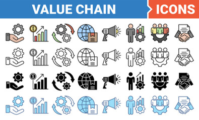 Value chain icon set with multiple style collection.