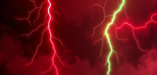 Clashing red and green neon lightning bolts, smoky black background,  bolts,  neon