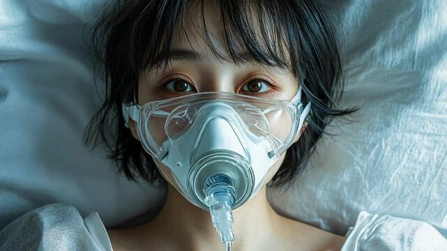 A woman wearing a breathing mask, reflecting a sense of concern and care.