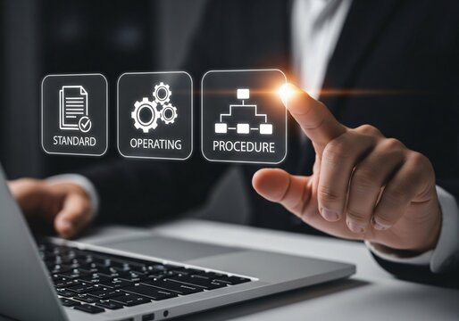 SOP, Standard operating procedure concept. Businessman use laptop with virtual SOP icons for the standard operating procedure with instruction, quality, process, operation, sequence, workflow.