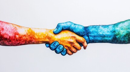Two hands shaking against a white background. The concept of human interaction and cooperation. The image emphasizes the connection and unity between the two individuals.