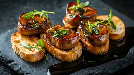 Beautifully arranged serving of foie gras on toasted bread garnished with herbs, creating elegant and appetizing presentation