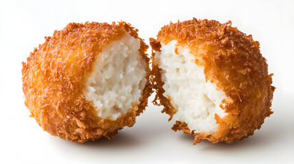 Perfectly crispy korokke, Japanese croquette, cut in half to reveal creamy interior