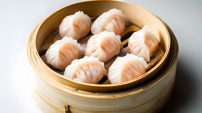 Perfectly arranged har gow shrimp dumplings in bamboo steamer, showcasing their translucent wrappers