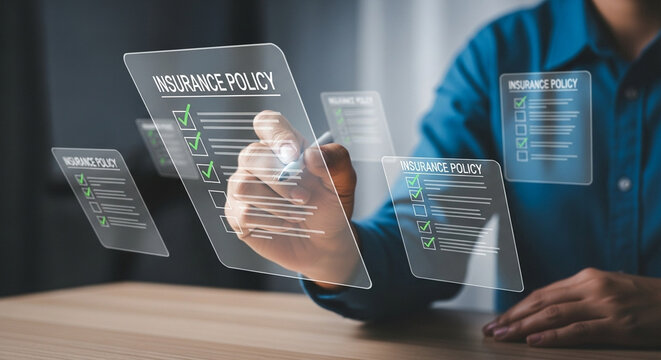 Man reviewing insurance policy checklist on transparent screens with a stylus pen in his hand - Powered by Adobe