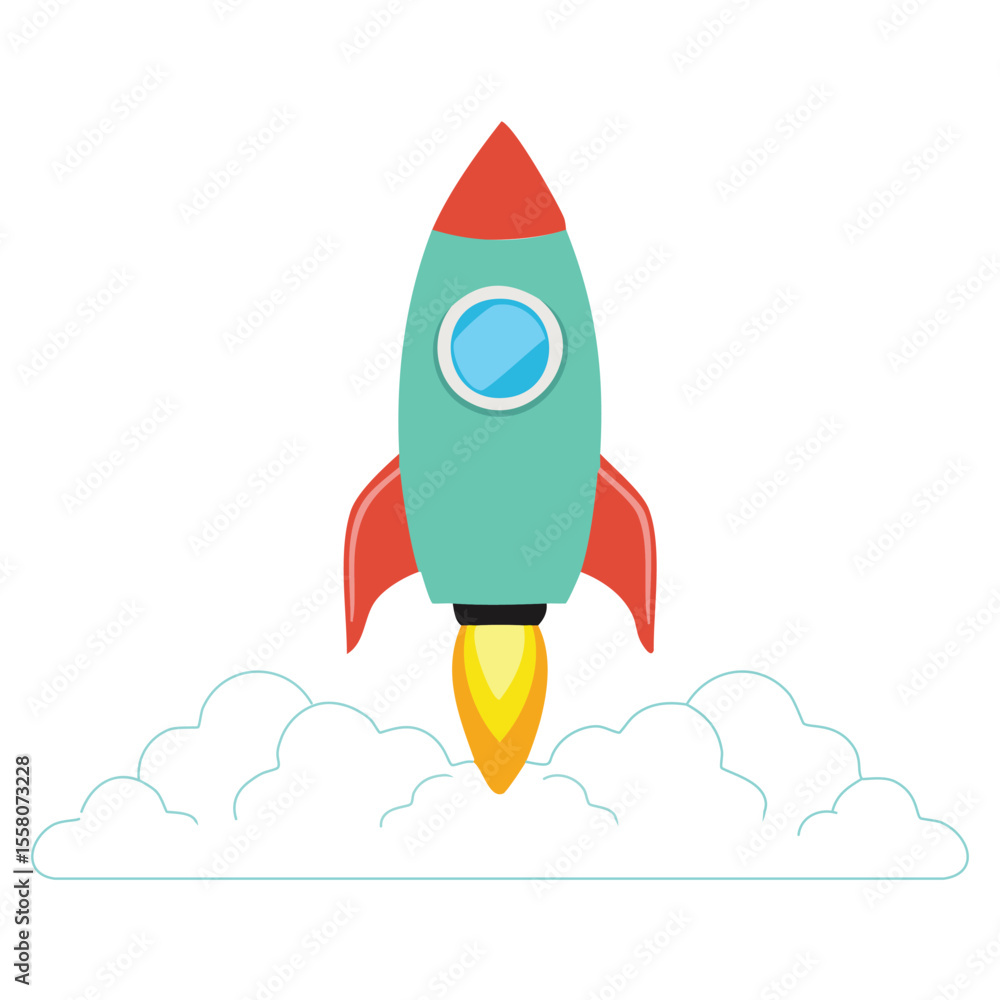 Poster rocket in green and red color flying through clouds - vector