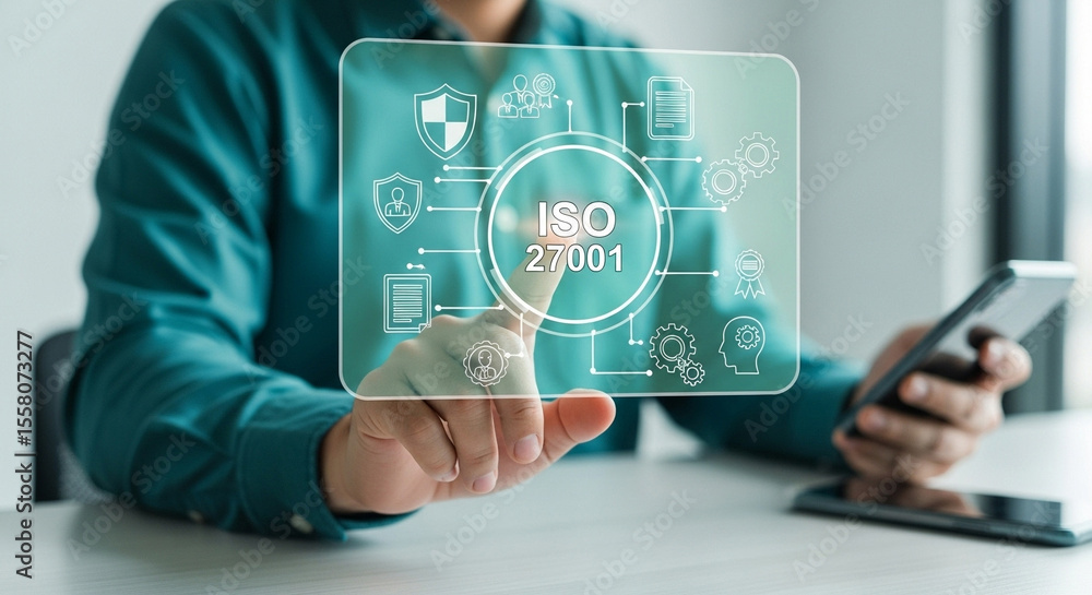 Poster Man interacting with iso interface on transparent screen while holding a mobile phone device