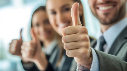 Three business professionals with thumbs up in an office setting.