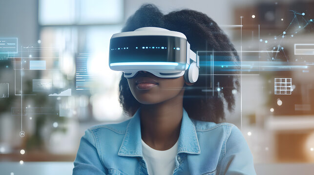 Person wearing virtual reality headset experiencing digital interface in modern setting - Powered by Adobe