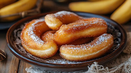 Golden deep fried bananas dusted with sugar on rustic plate, creating sweet and inviting treat