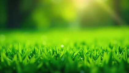 Fototapeta premium Freshly Cut Green Grass Glistening with Morning Dew A Vibrant Spring Landscape Perfect for Nature-Themed Websites, Brochures, and Advertisements