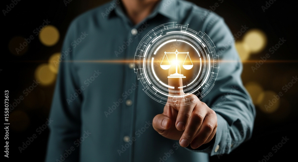 Poster man pointing at digital scales of justice icon with glowing effect in a dark blurred background