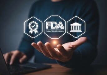 FDA Approved Food and Drug Administration concept. Businessman using laptop with FDA icon on virtual screen for Health product standards control system.