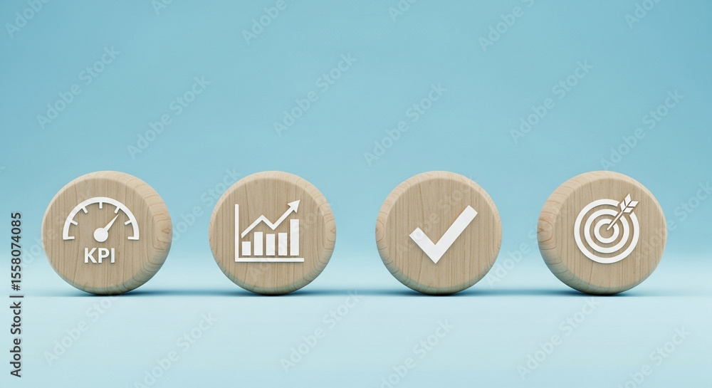 Poster Four wooden discs displaying kpi graph checkmark and target icons on a light blue background surface