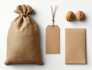 Burlap sack, tag, nuts, and kraft envelope