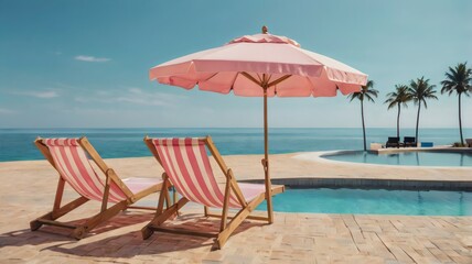 Fototapeta premium Swimming Pool with Beach Umbrella and Lounge Chairs – Serene Vacation Setting with Clear Blue Water, Poolside Relaxation, and Summer Resort Aesthetic