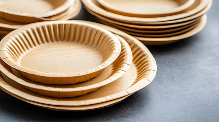 Biodegradable eco friendly plates stacked on neutral surface, showcasing sustainable dining options