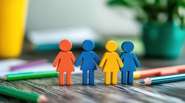 Four colorful wooden figures of people standing on a table with pencils and a plant in the background. - Powered by Adobe