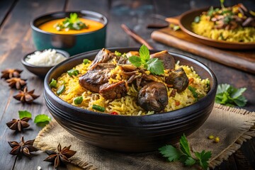 Hearty lamb biryani served in a rustic bowl with fresh garnish and savory sides