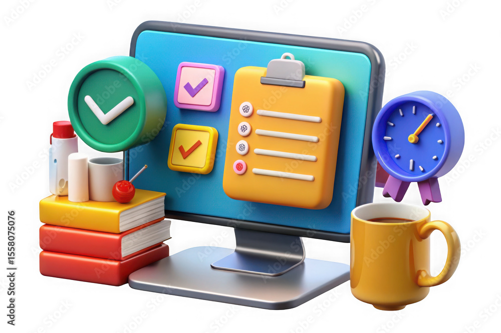 Poster a 3d rendering of a computer screen with a checklist, clock, and coffee cup, isolated on transparent