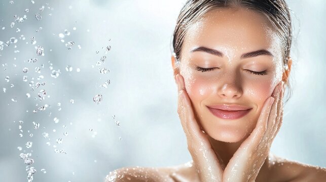 A woman with wet hair and skin, holding her face with her hands, with water droplets falling on her face.