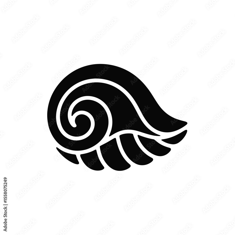 Poster stylized black seashell or wave design with a spiral and feather like elements