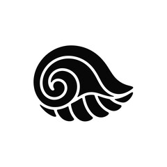 Stylized black seashell or wave design with a spiral and feather like elements