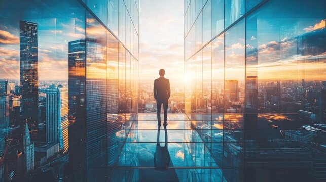 A man in a suit stands on a glass floor in a high-rise building, looking out at a cityscape at sunset.