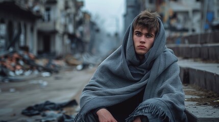Solemn young man wrapped in gray blanket sitting alone on concrete step in urban setting, empty streets and war-torn surroundings, loneliness and resilience concept.
